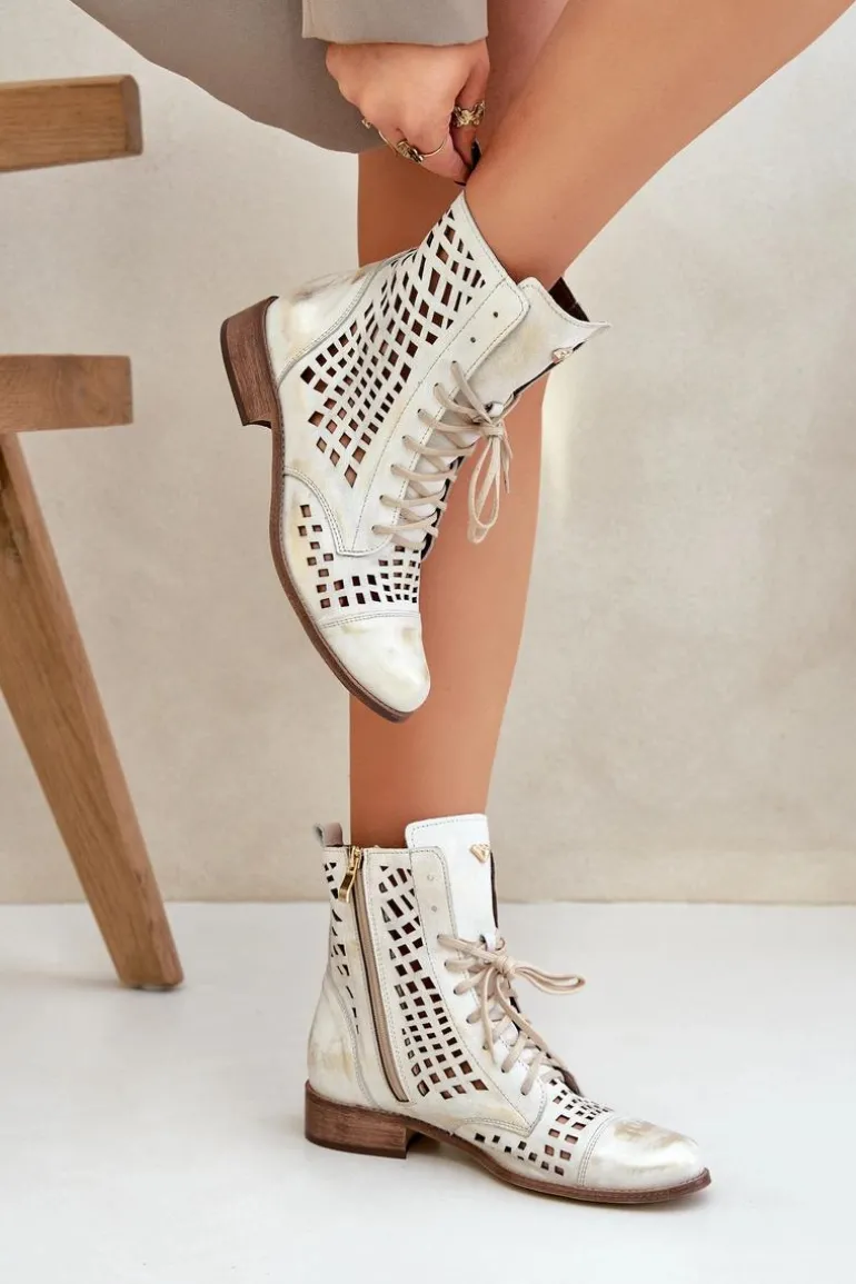 Zazoo 2627 Ażurowe Skórzane Botki Złoty Przecierany