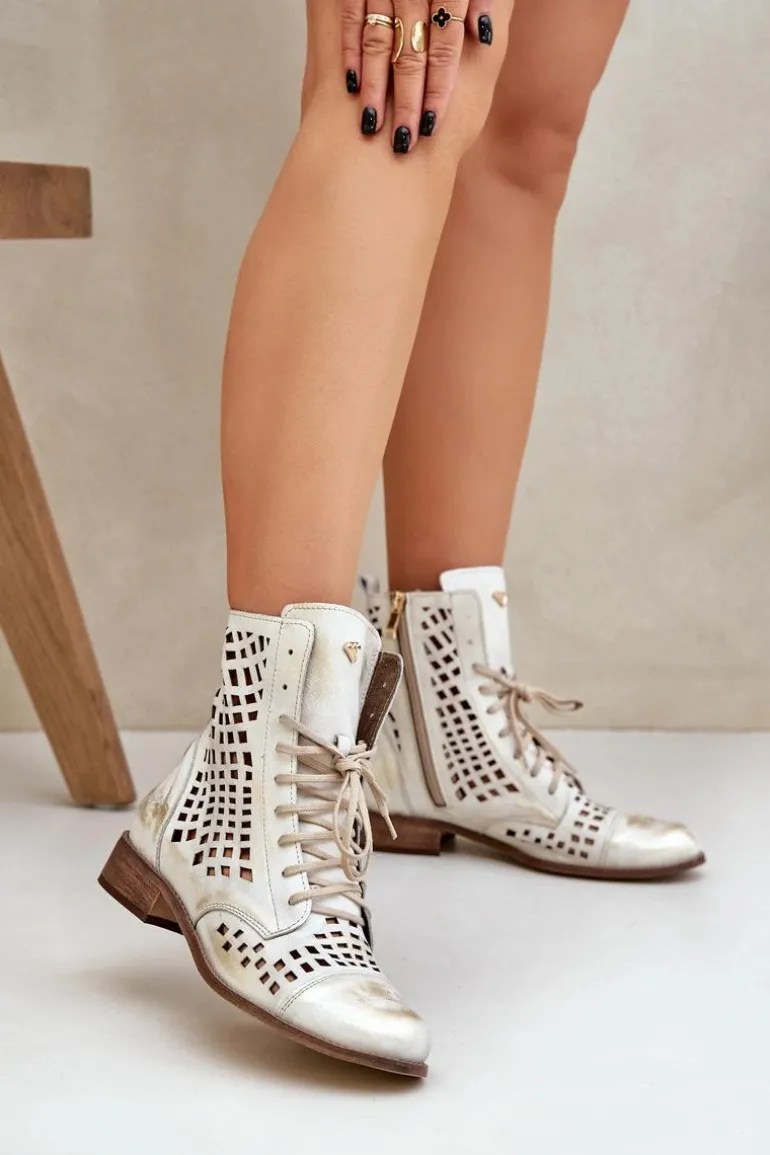 Zazoo 2627 Ażurowe Skórzane Botki Złoty Przecierany