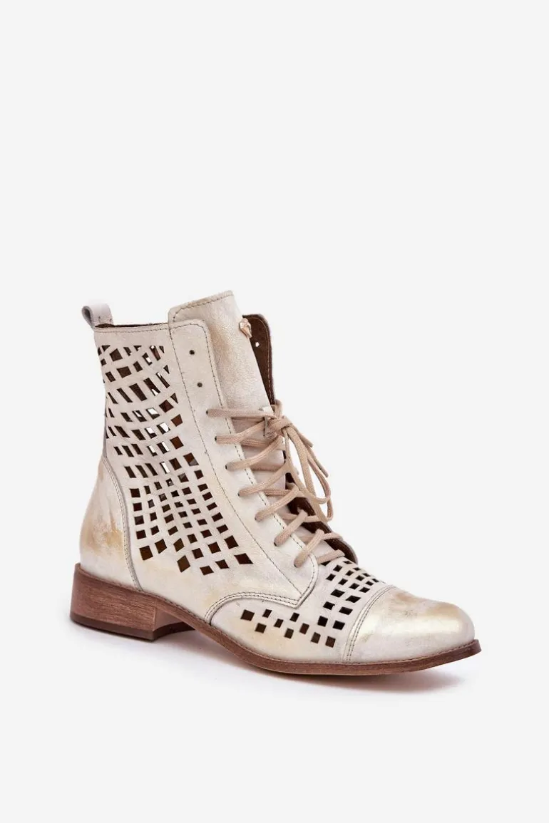 Zazoo 2627 Ażurowe Skórzane Botki Złoty Przecierany