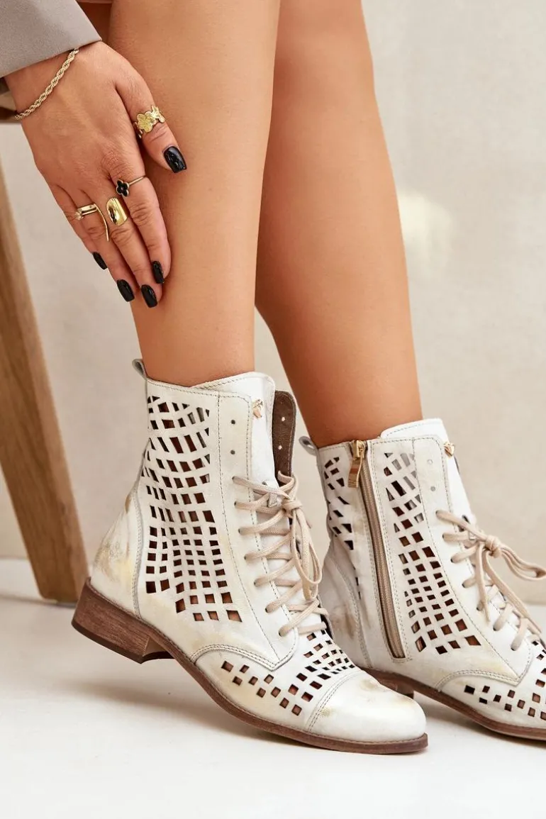 Zazoo 2627 Ażurowe Skórzane Botki Złoty Przecierany