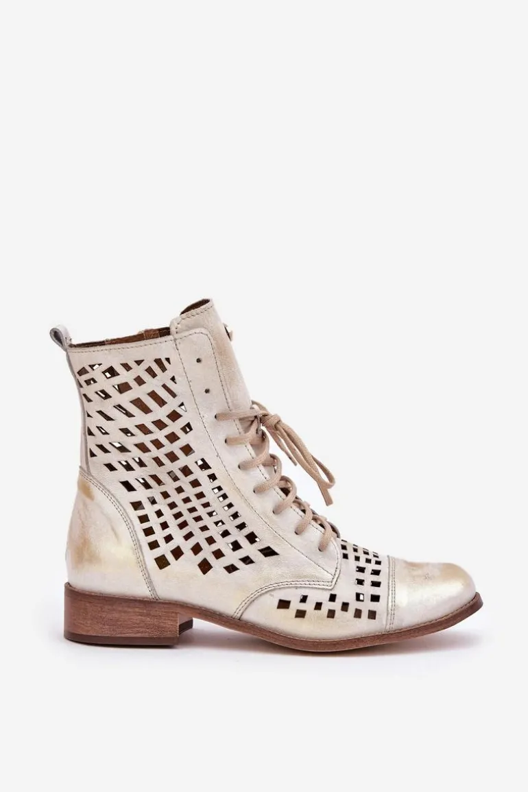Zazoo 2627 Ażurowe Skórzane Botki Złoty Przecierany