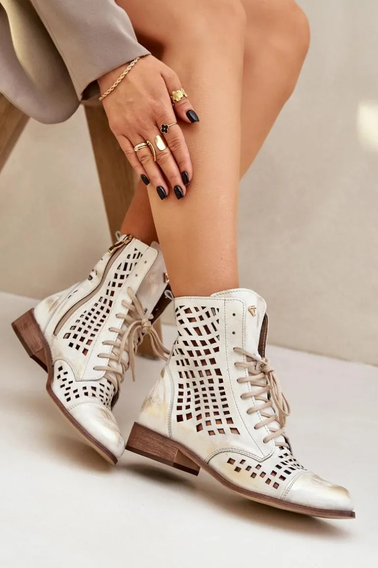 Zazoo 2627 Ażurowe Skórzane Botki Złoty Przecierany