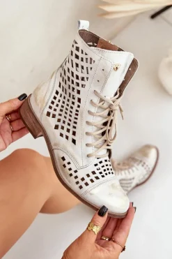 Zazoo 2627 Ażurowe Skórzane Botki Złoty Przecierany