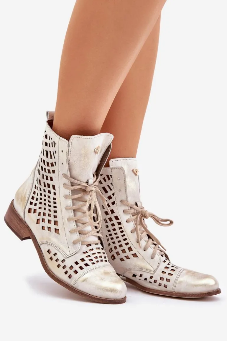 Zazoo 2627 Ażurowe Skórzane Botki Złoty Przecierany