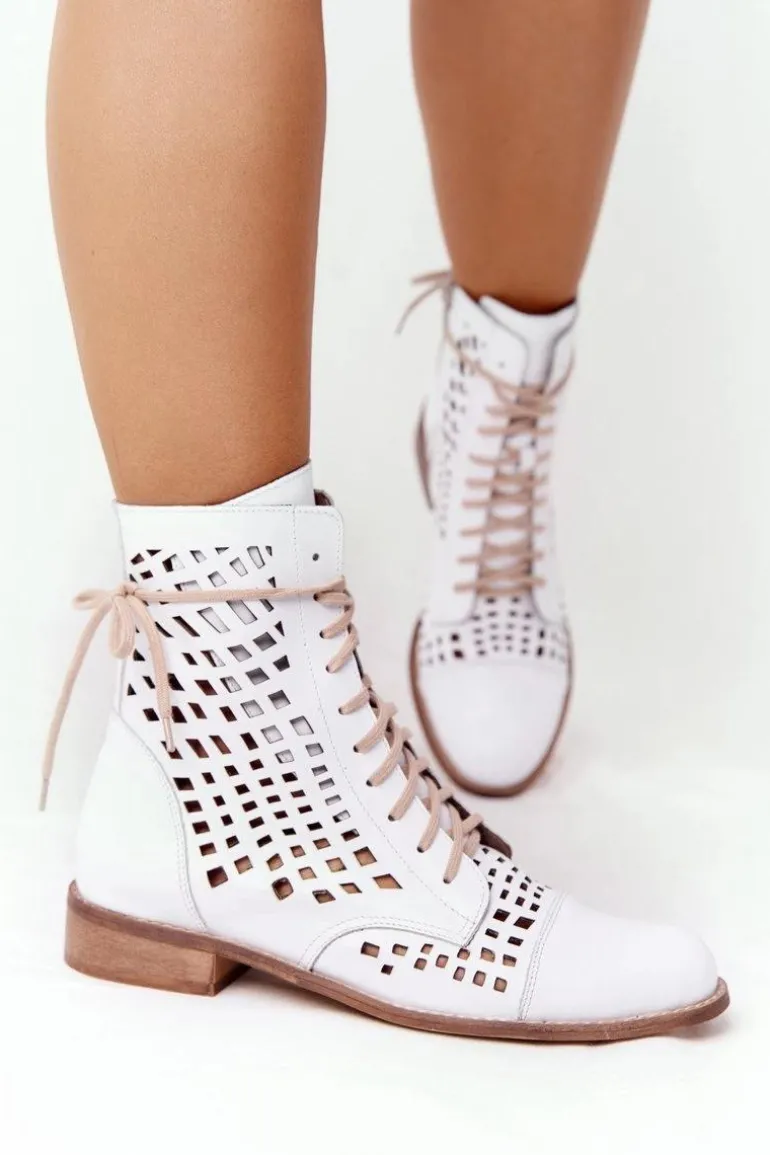 Zazoo 2627 Ażurowe Skórzane Botki Białe