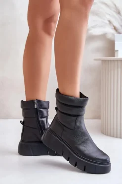 Zazoo 60512 Botki Damskie Skórzane Na Zamek Ocieplane Filcem Czarne