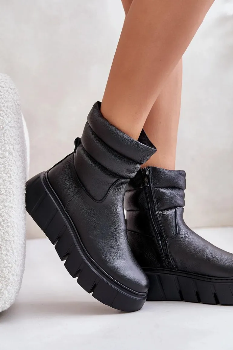 Zazoo 60512 Botki Damskie Skórzane Na Zamek Ocieplane Filcem Czarne