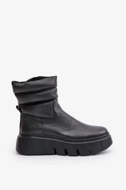Zazoo 60512 Botki Damskie Skórzane Na Zamek Ocieplane Filcem Czarne