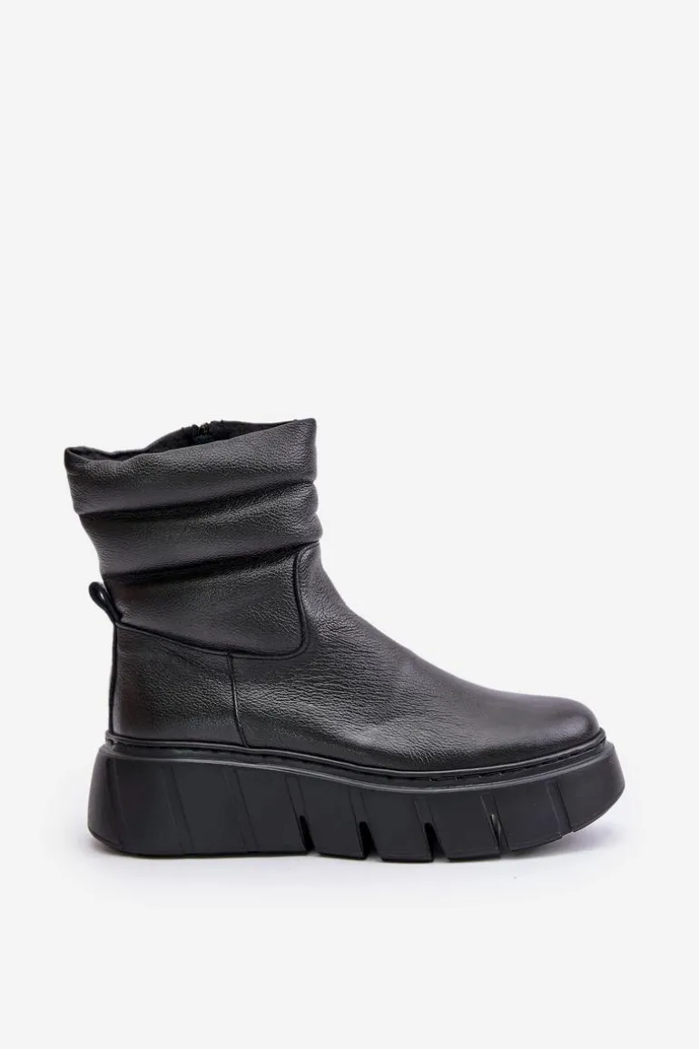Zazoo 60512 Botki Damskie Skórzane Na Zamek Ocieplane Filcem Czarne