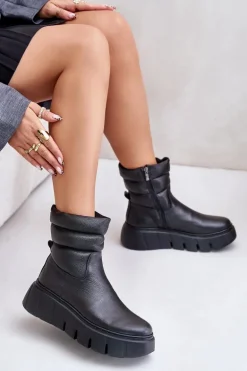 Zazoo 60512 Botki Damskie Skórzane Na Zamek Ocieplane Filcem Czarne