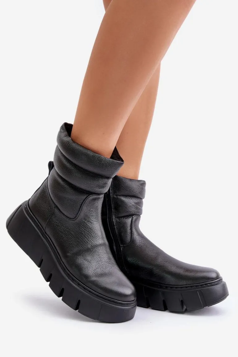 Zazoo 60512 Botki Damskie Skórzane Na Zamek Ocieplane Filcem Czarne