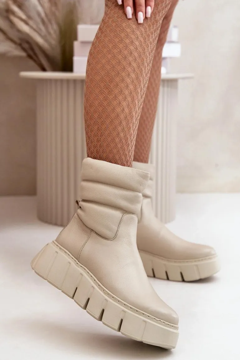 Zazoo 60512 Botki Damskie Skórzane Na Zamek Ocieplane Filcem Jasnobeżowe