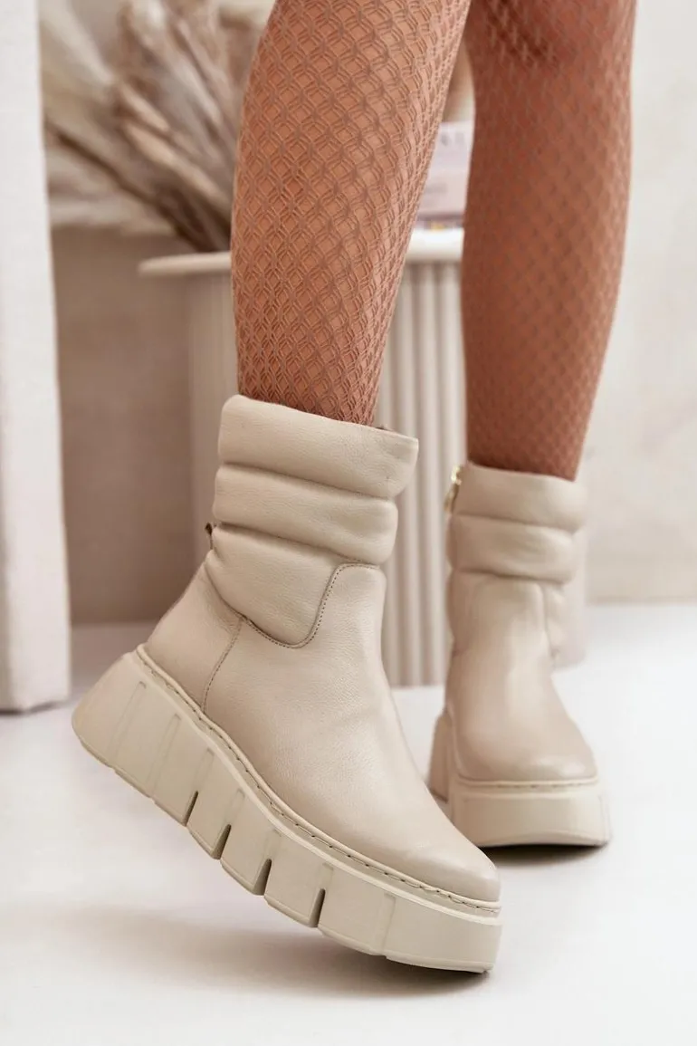 Zazoo 60512 Botki Damskie Skórzane Na Zamek Ocieplane Filcem Jasnobeżowe