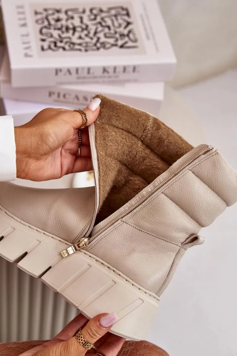 Zazoo 60512 Botki Damskie Skórzane Na Zamek Ocieplane Filcem Jasnobeżowe