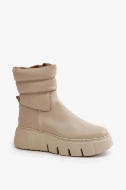 Zazoo 60512 Botki Damskie Skórzane Na Zamek Ocieplane Filcem Jasnobeżowe