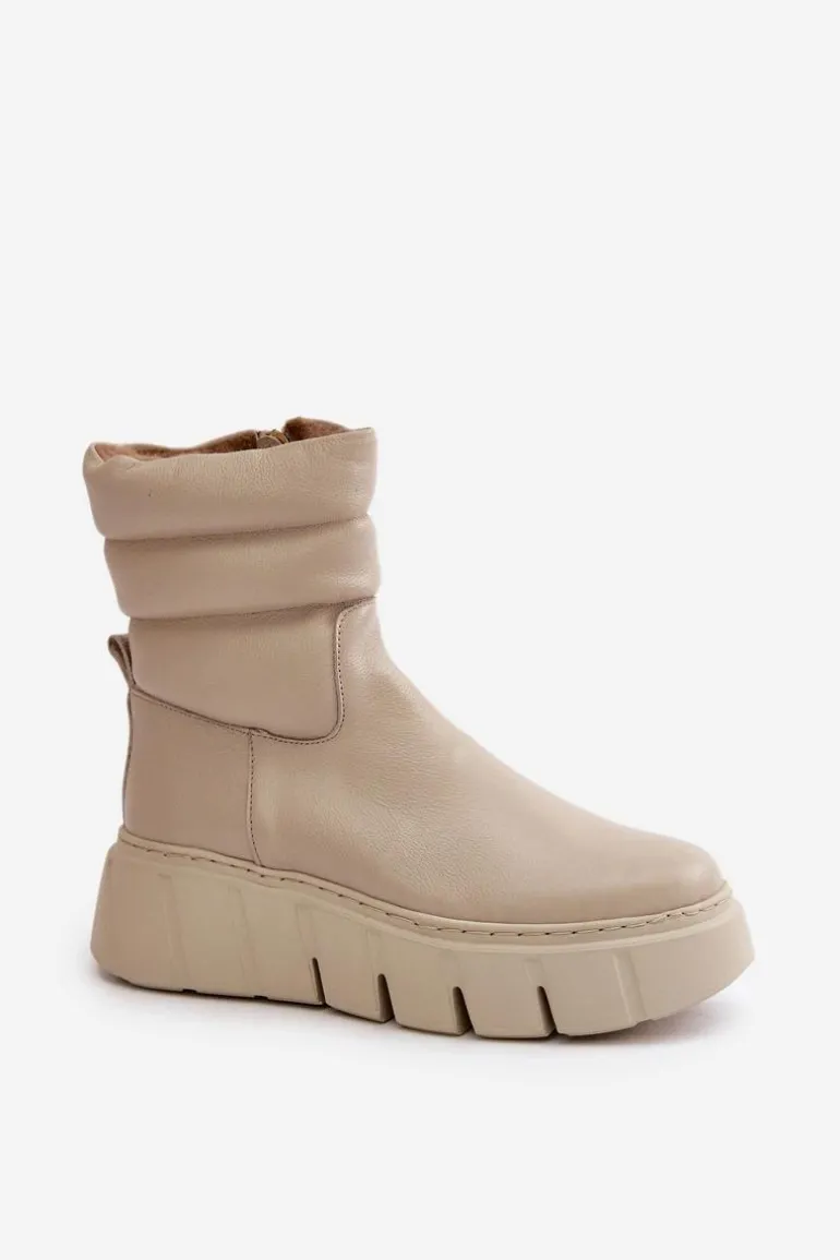 Zazoo 60512 Botki Damskie Skórzane Na Zamek Ocieplane Filcem Jasnobeżowe