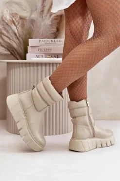 Zazoo 60512 Botki Damskie Skórzane Na Zamek Ocieplane Filcem Jasnobeżowe