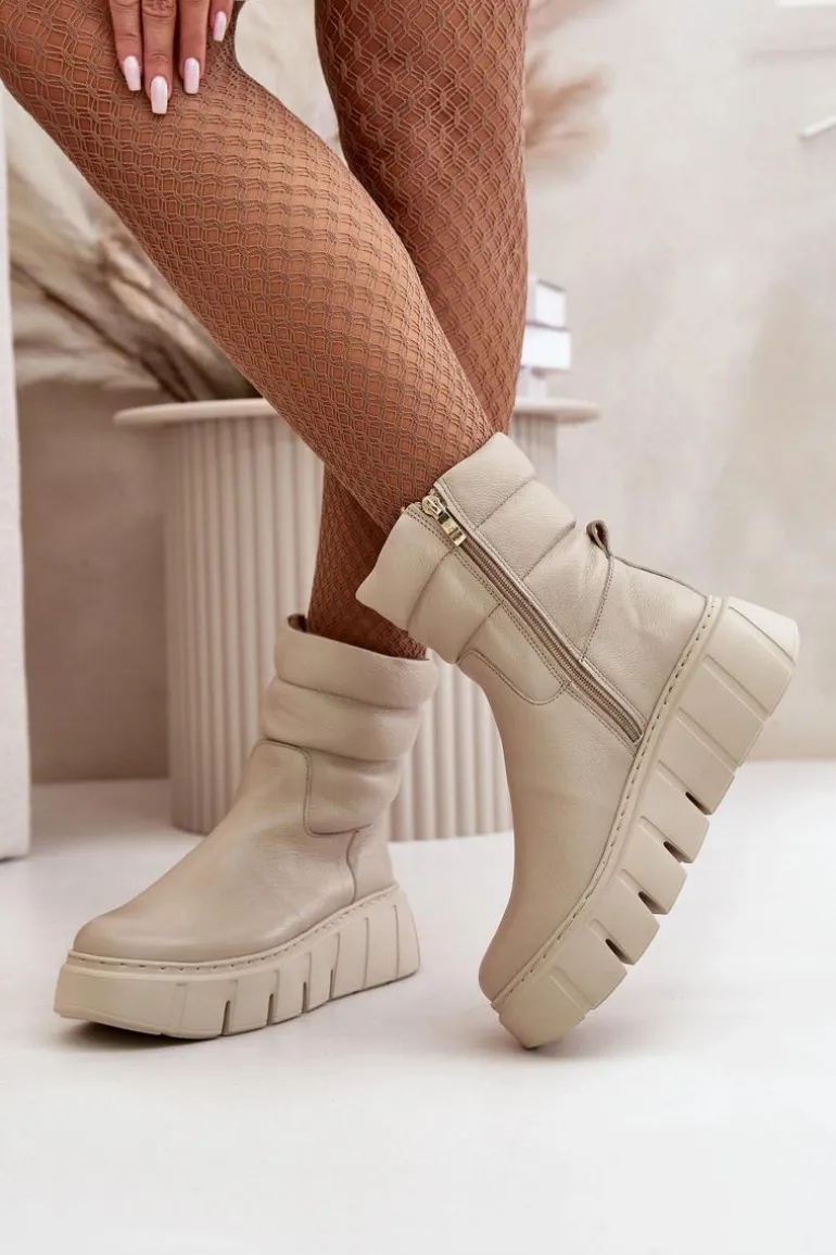 Zazoo 60512 Botki Damskie Skórzane Na Zamek Ocieplane Filcem Jasnobeżowe