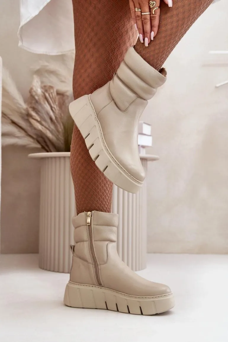 Zazoo 60512 Botki Damskie Skórzane Na Zamek Ocieplane Filcem Jasnobeżowe