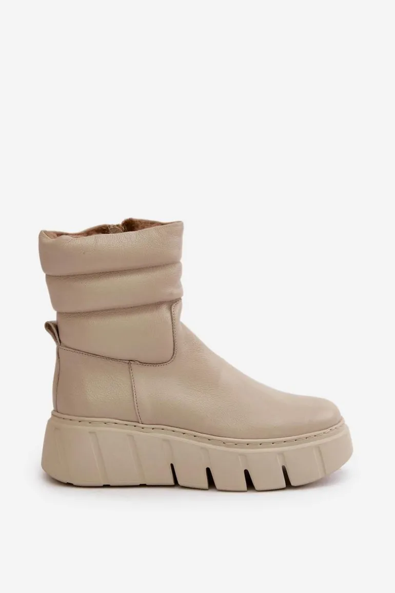 Zazoo 60512 Botki Damskie Skórzane Na Zamek Ocieplane Filcem Jasnobeżowe