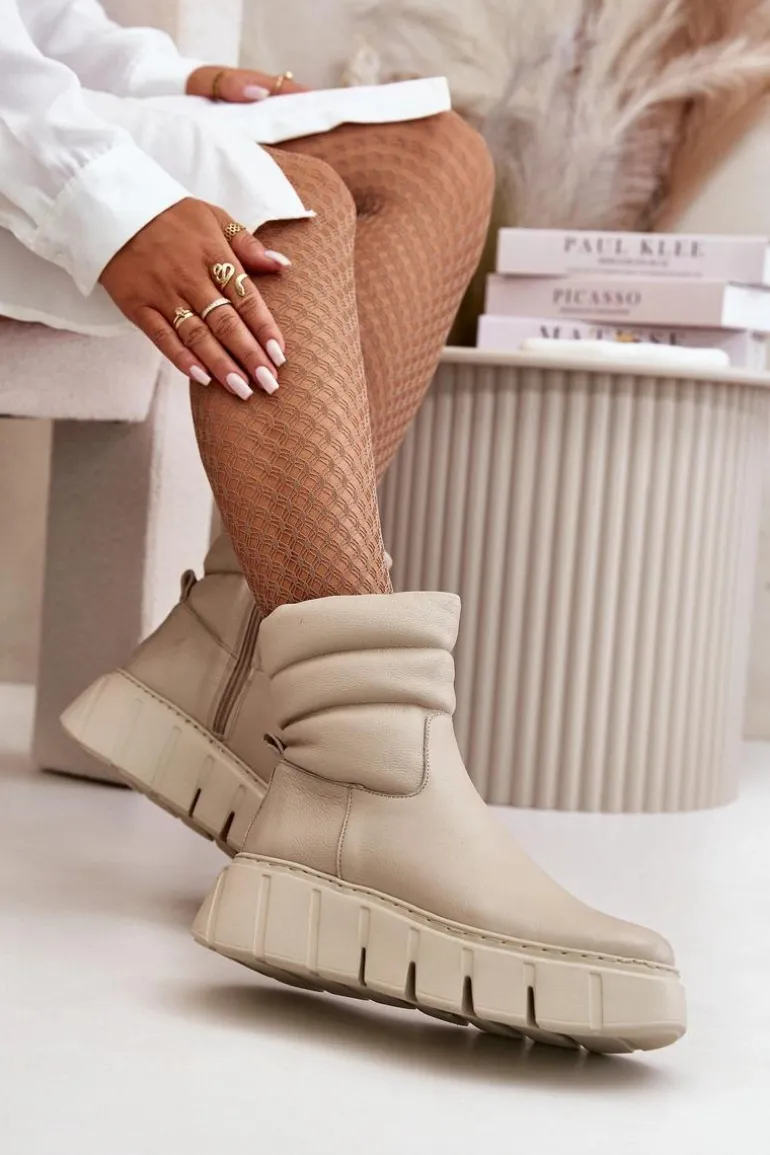 Zazoo 60512 Botki Damskie Skórzane Na Zamek Ocieplane Filcem Jasnobeżowe