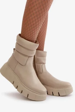 Zazoo 60512 Botki Damskie Skórzane Na Zamek Ocieplane Filcem Jasnobeżowe