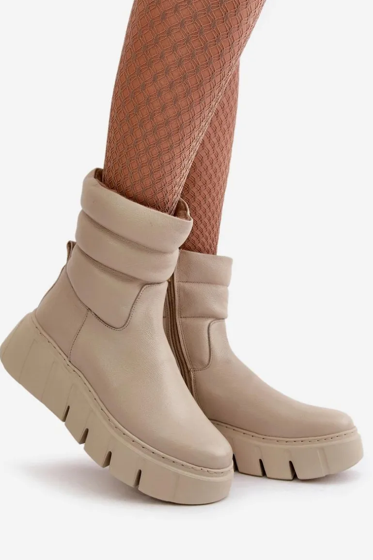 Zazoo 60512 Botki Damskie Skórzane Na Zamek Ocieplane Filcem Jasnobeżowe