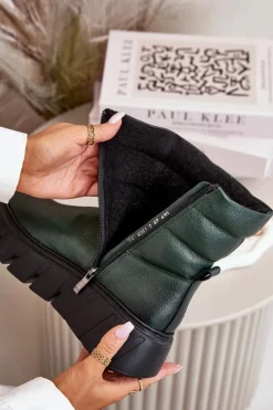 Zazoo 60512 Botki Damskie Skórzane Na Zamek Ocieplane Filcem Ciemnozielone