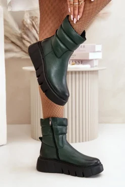 Zazoo 60512 Botki Damskie Skórzane Na Zamek Ocieplane Filcem Ciemnozielone