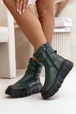 Zazoo 60512 Botki Damskie Skórzane Na Zamek Ocieplane Filcem Ciemnozielone