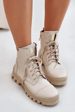 Zazoo 2831 Botki Damskie Ze Skóry Naturalnej Jasnobeżowe