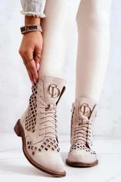 Zazoo 2695 Botki Skórzane Ażurowe Na Suwak Jasnobeżowe