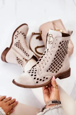 Zazoo 2695 Botki Skórzane Ażurowe Na Suwak Jasnobeżowe