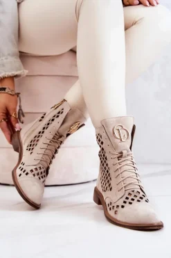 Zazoo 2695 Botki Skórzane Ażurowe Na Suwak Jasnobeżowe