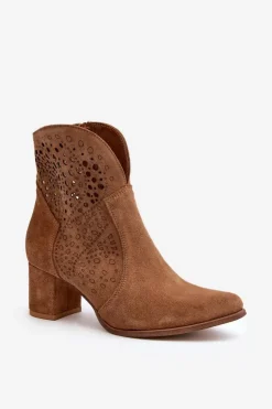 Zazoo 3166 Damskie Ażurowe Botki Na Obcasie Zamszowe Camel