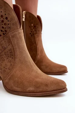 Zazoo 3166 Damskie Ażurowe Botki Na Obcasie Zamszowe Camel