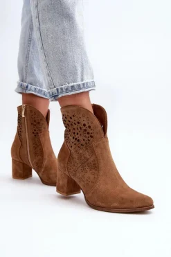 Zazoo 3166 Damskie Ażurowe Botki Na Obcasie Zamszowe Camel