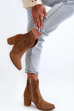 Zazoo 3166 Damskie Ażurowe Botki Na Obcasie Zamszowe Camel