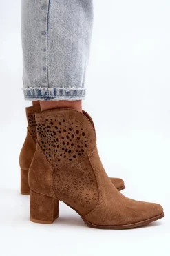 Zazoo 3166 Damskie Ażurowe Botki Na Obcasie Zamszowe Camel
