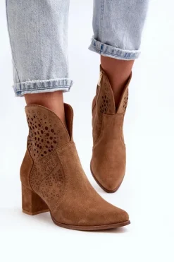 Zazoo 3166 Damskie Ażurowe Botki Na Obcasie Zamszowe Camel