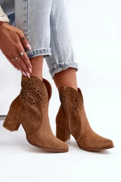 Zazoo 3166 Damskie Ażurowe Botki Na Obcasie Zamszowe Camel