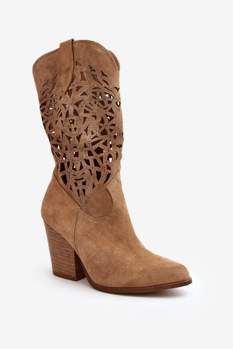 Zazoo 3414 Damskie Ażurowe Botki Na Słupku Zamszowe Beżowe