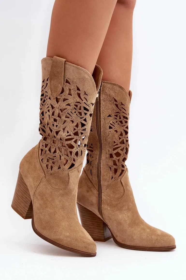 Zazoo 3414 Damskie Ażurowe Botki Na Słupku Zamszowe Beżowe