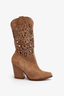 Zazoo 3414 Damskie Ażurowe Botki Na Słupku Zamszowe Beżowe