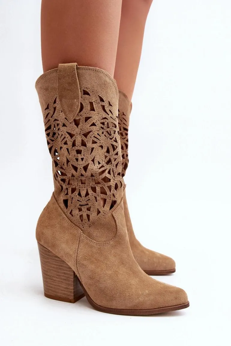 Zazoo 3414 Damskie Ażurowe Botki Na Słupku Zamszowe Beżowe