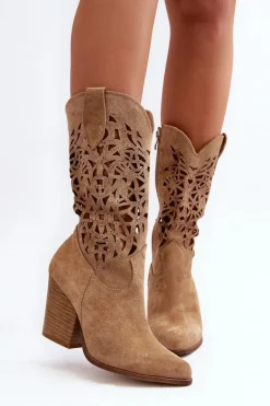 Zazoo 3414 Damskie Ażurowe Botki Na Słupku Zamszowe Beżowe