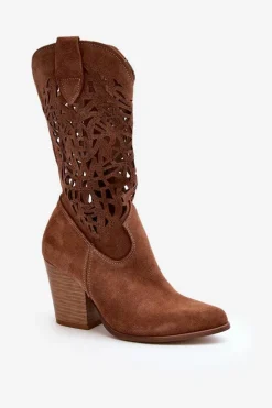 Zazoo 3414 Damskie Ażurowe Botki Na Słupku Zamszowe Brązowe