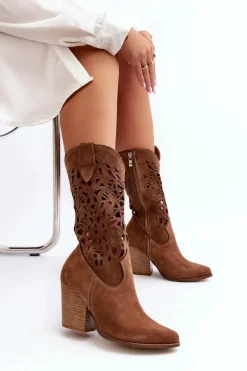 Zazoo 3414 Damskie Ażurowe Botki Na Słupku Zamszowe Brązowe