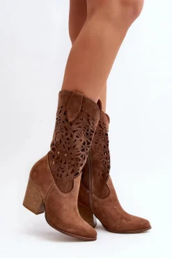 Zazoo 3414 Damskie Ażurowe Botki Na Słupku Zamszowe Brązowe