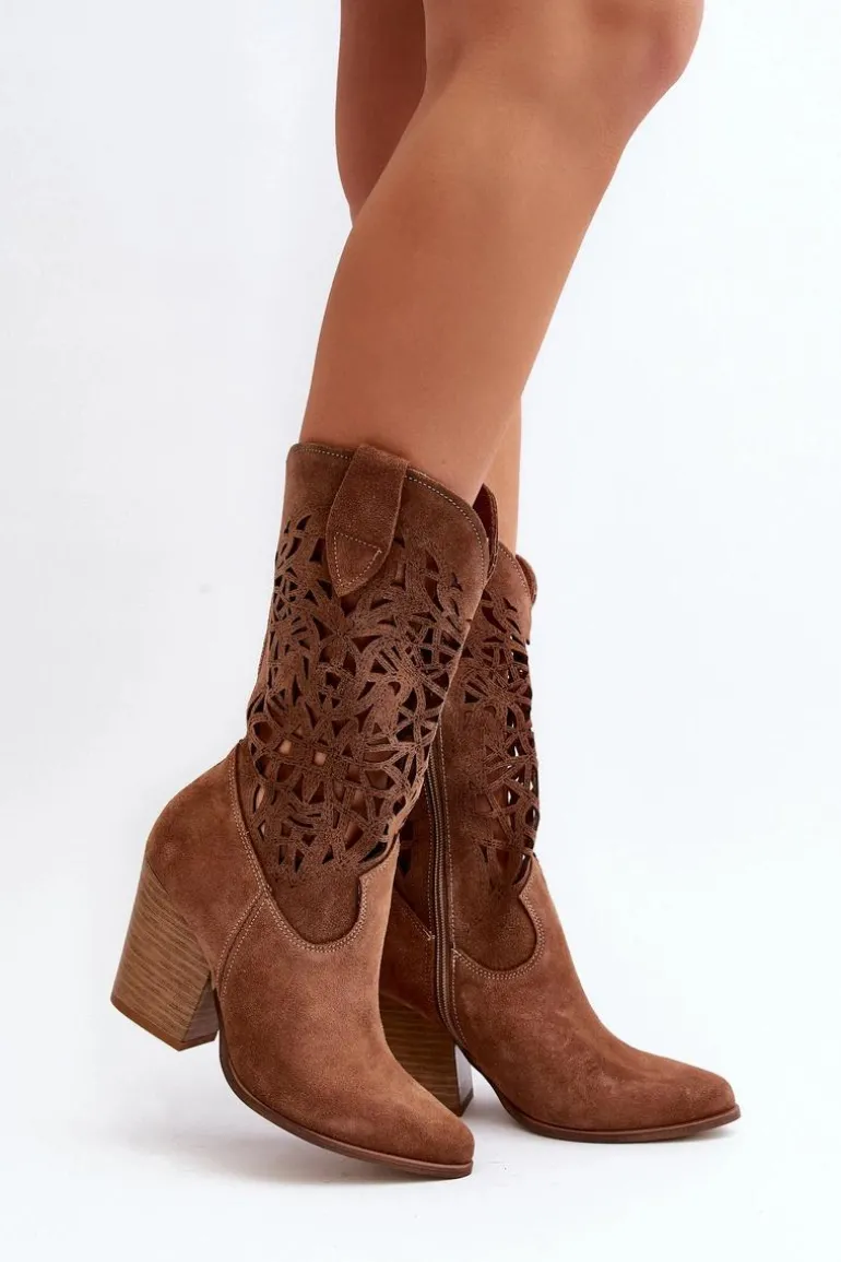 Zazoo 3414 Damskie Ażurowe Botki Na Słupku Zamszowe Brązowe